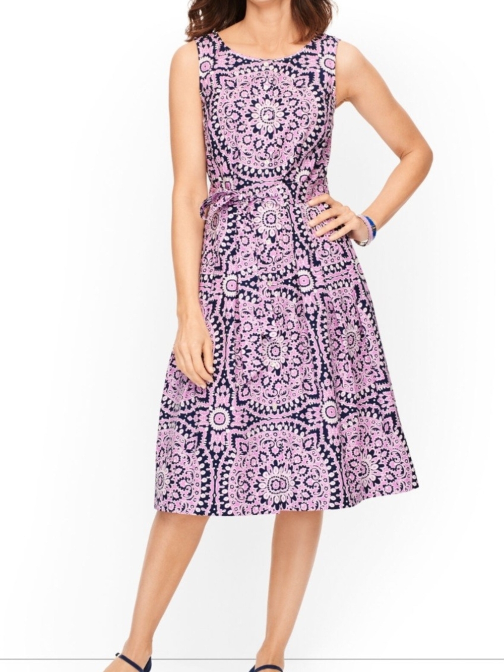 Talbots Size 16P Lavendar & Navy Sleeveless Fit & Flare Printed Midi Dress - Picture 9 of 10